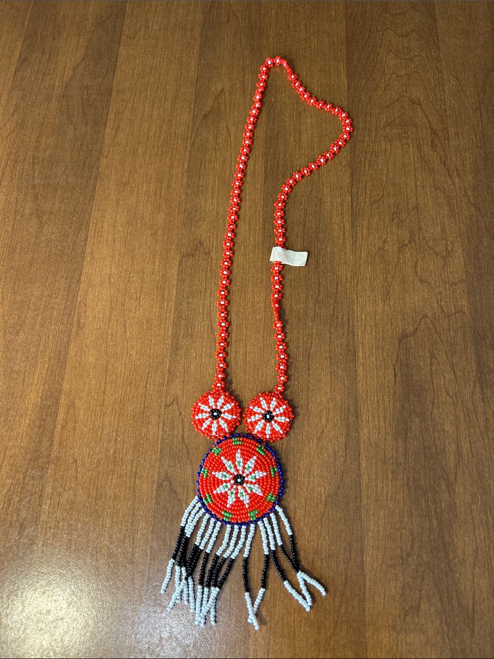 Vintage Handmade Red Beaded Floral Fringe Necklace